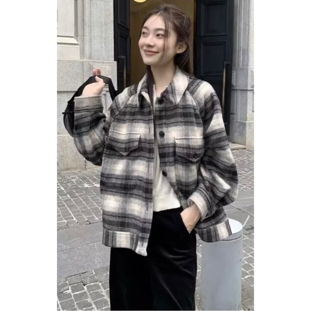Clare Waight Keller x Uniqlo Black Cream Loose Fit Plaid Flannel Shirt Jacket - Picture 10 of 11
